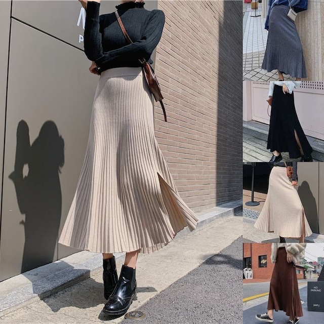 ニットスカート プリーツ ハイウエスト フレアスカート スリット Aライン 韓国ファッション レディース プリーツスカート ロング丈 大人可愛い ガーリー / Knit wool A-line high waist pleated skirt (DTC-631255253731)