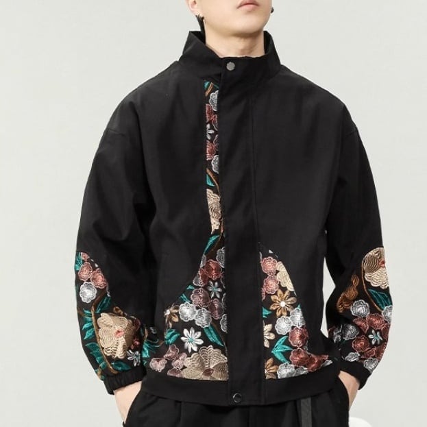 フラワー刺繍 ハイネック ジャケット | Korean unisex fashion