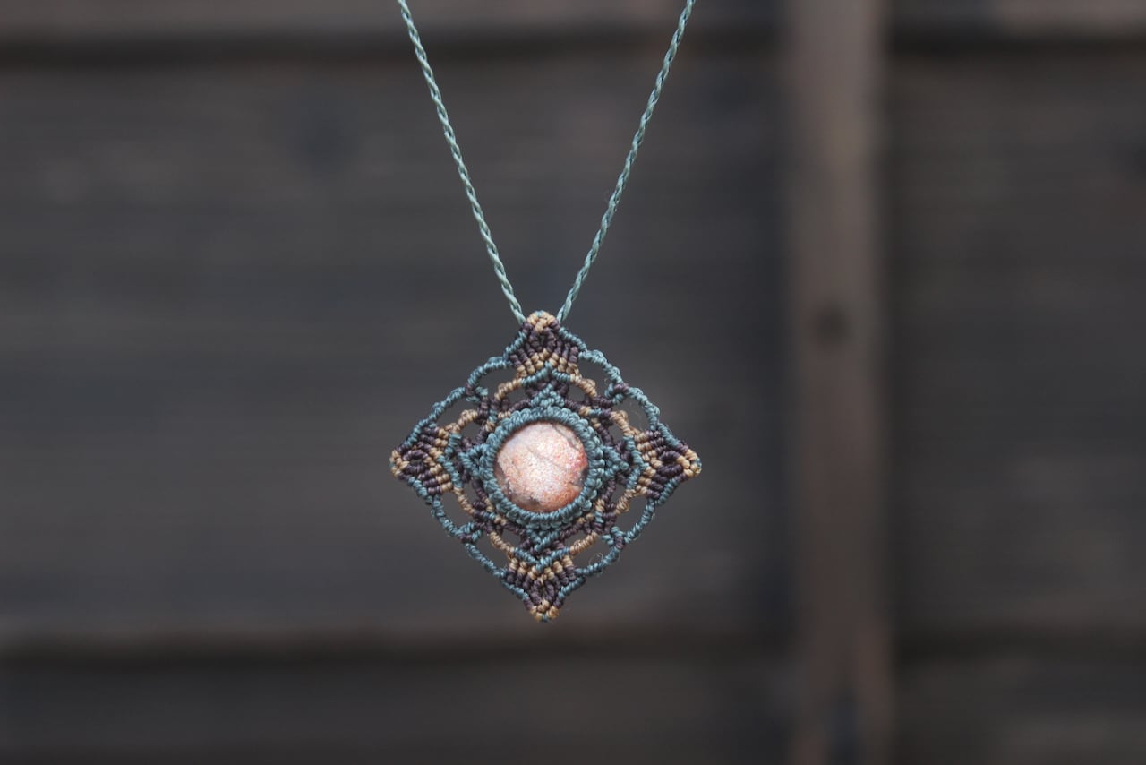 Sunstone micro macrame mandala pendant