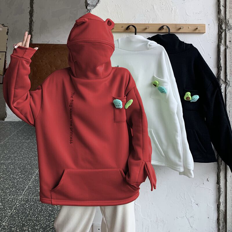 ユニセックス カエル パーカー プルオーバー フード ジップ