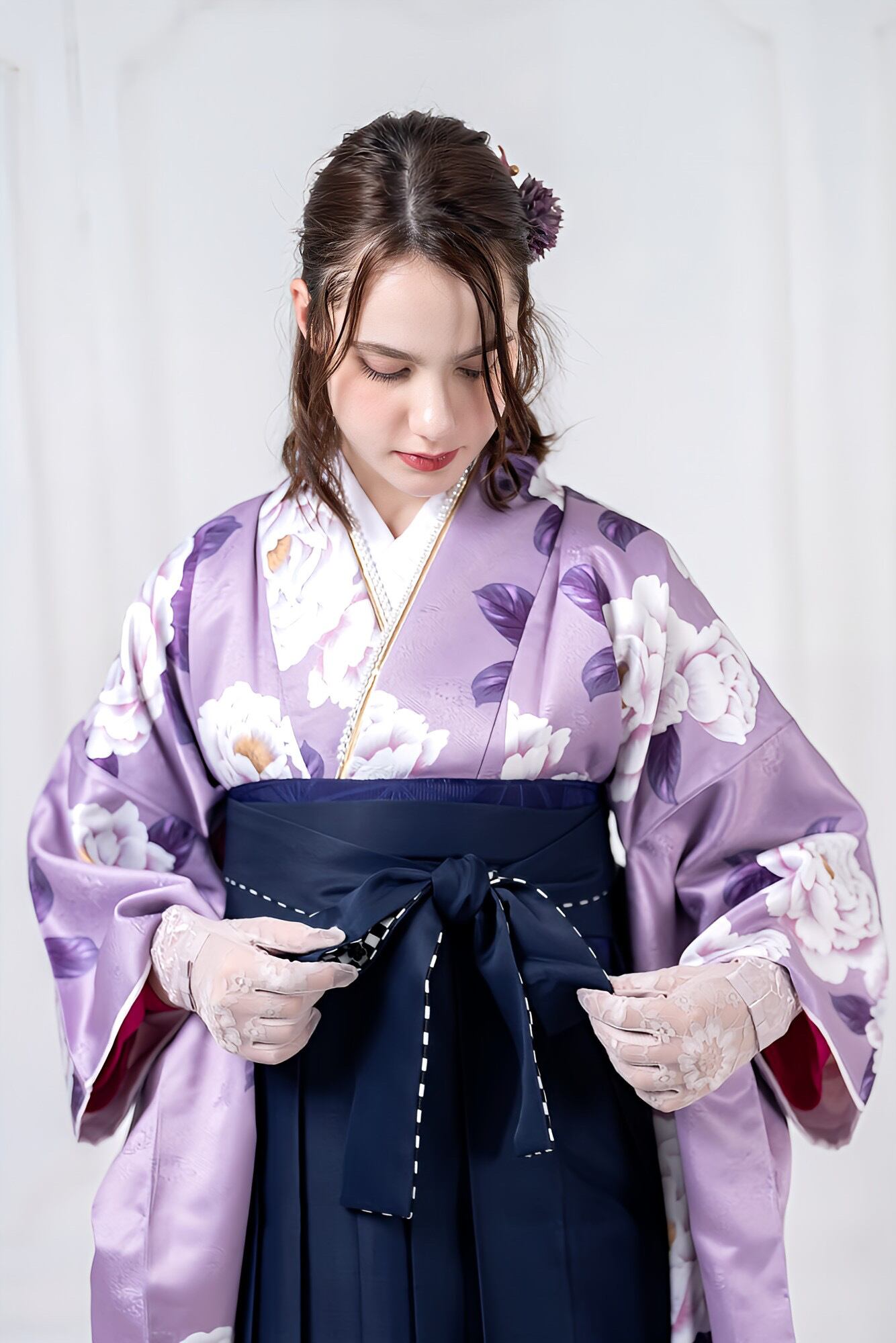 Kimono Sienne 卒業式袴3点セット 紫 二尺袖着物 袴 紺リバーシブル