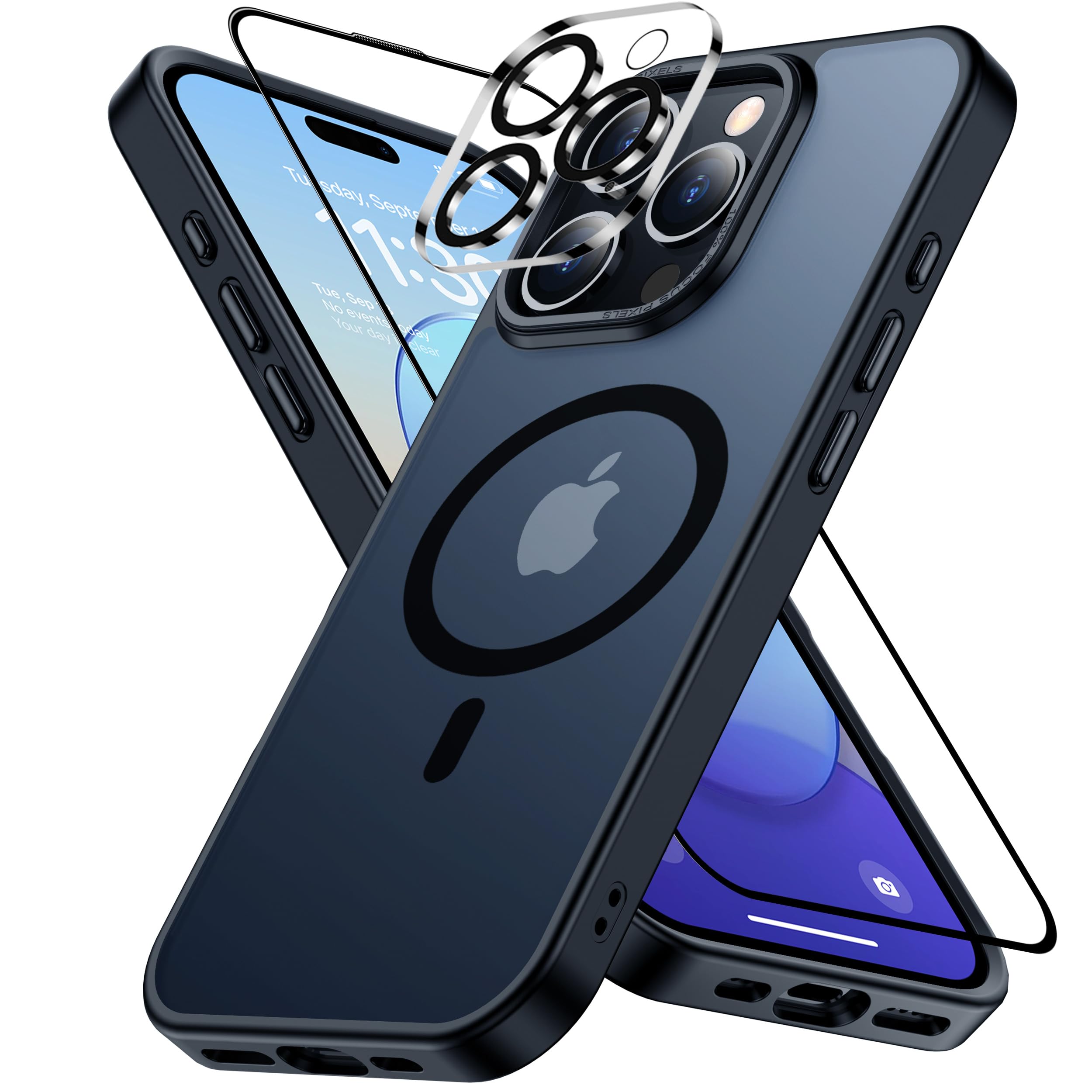 Justcool iPhone 16 Pro用ケース MagSafe向け 半透明 レンズ·ガラス保護付き マットケース マグセーフ対応