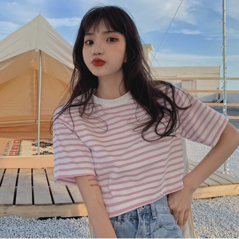 サマーストライプ薄手トップス Tシャツ コットン 夏物 ピュア ハンチェンe47781620973