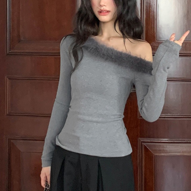 One-shoulder fur collar top 00223