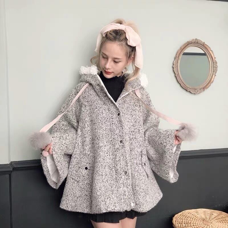 ぽんぽん ポンチョ コート リボン グレー ねずみ トップス アウター