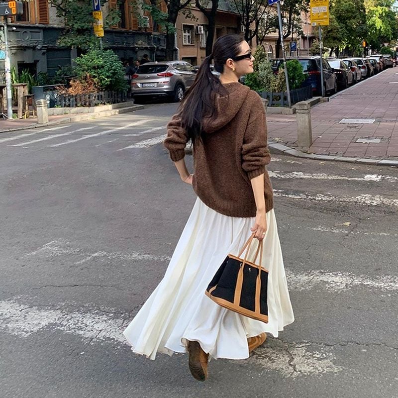 High waist white flared long skirt TH3129 | Leithy