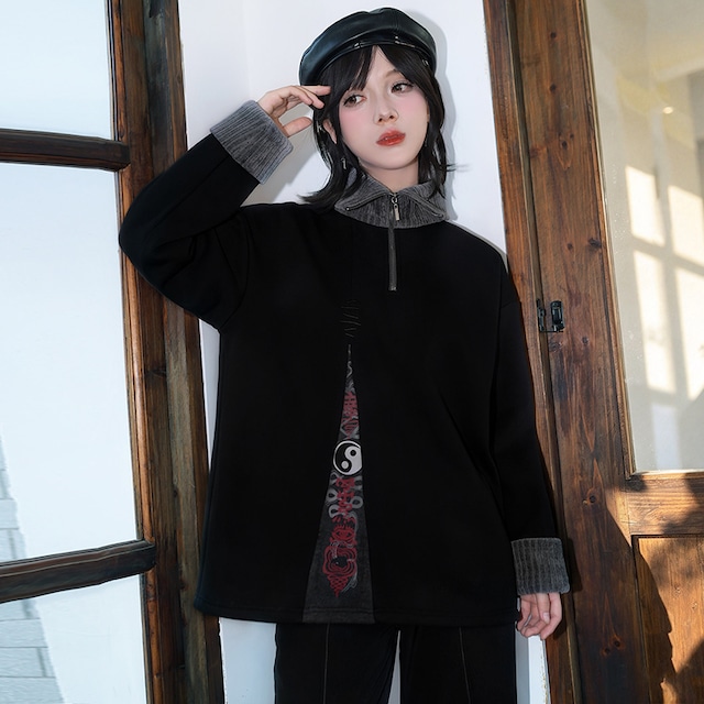【古怪舍---渡鴉シリーズ】★チャイナ風トップス★ 裏起毛 長袖 レディース フェイクレイヤード POLOネック