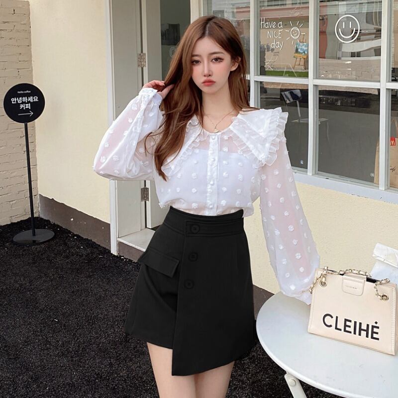 カラーホワイトシフォンシャツ トップス スリムハイウェストウェストAラインスタイル ロング ハンチェンe13091243697