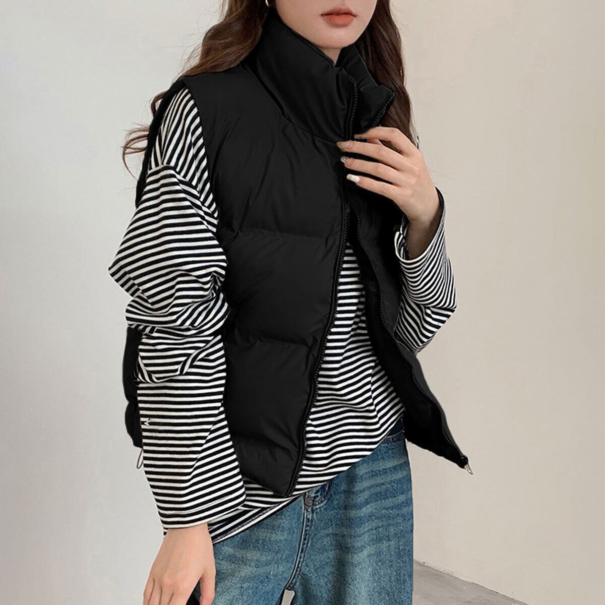 ダウンベスト 中綿 ダウン レディース 秋冬 韓国 防寒 保温 暖かい 軽量 大人 カジュアル ゆったり 重ね着 レイヤード ショート丈 ハイネック エコダウンジャケット 大人可愛い 大人女子