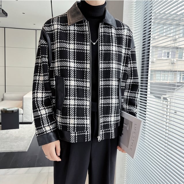 予約販売】ジャケット アウター ツイード ブラック チェック柄 レザー
