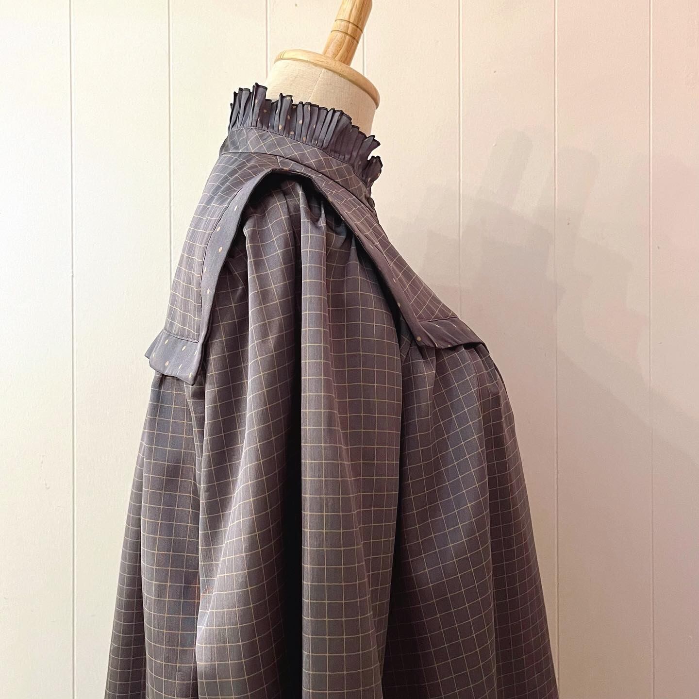 blue gray check long blouse