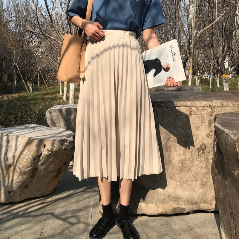 プリーツストレッチハイウェストウェストAラインスカート ブラック エラスティック 伸縮 YY-ファッション88550788073