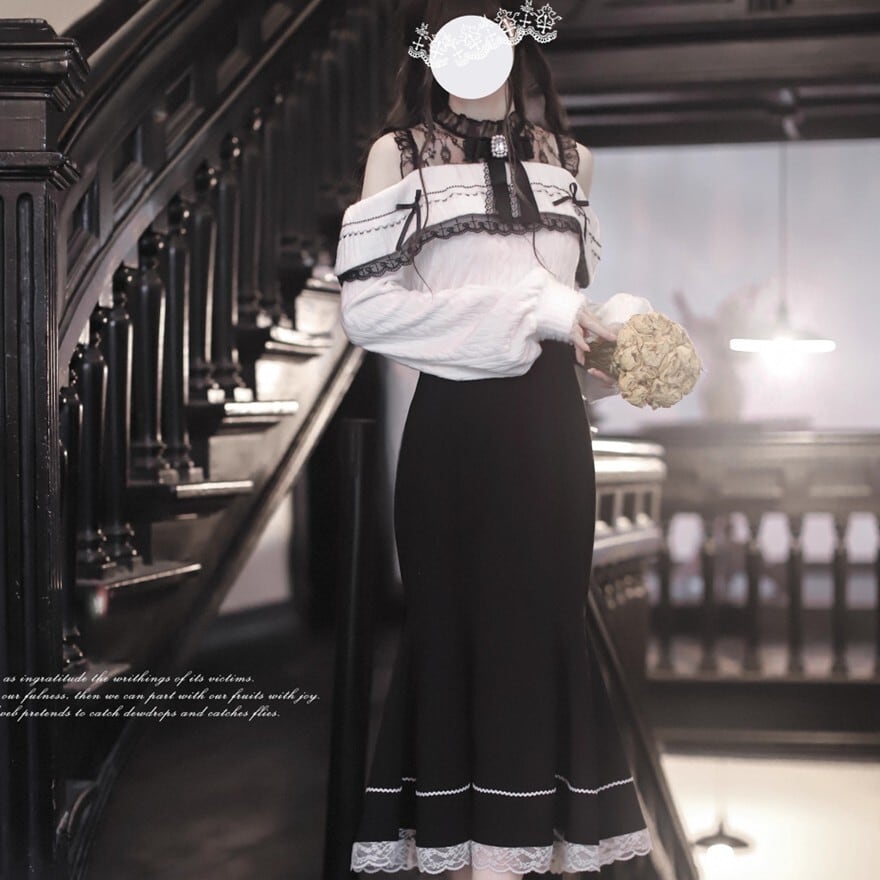 量産型ロリィタ クラロリ オフショル ニット レース ブラウス エレガント 胡桃木