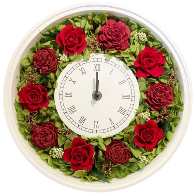 プリザーブドフラワー　花時計　赤　緑　バラ（丸・置き時計・壁掛け時計・２Way）