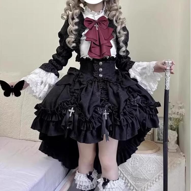 【予約商品】ダークゴシックドールロングサスペンダーロリータスカート＋ビッグリボンテール＋フリルシャツ＋フリル襟