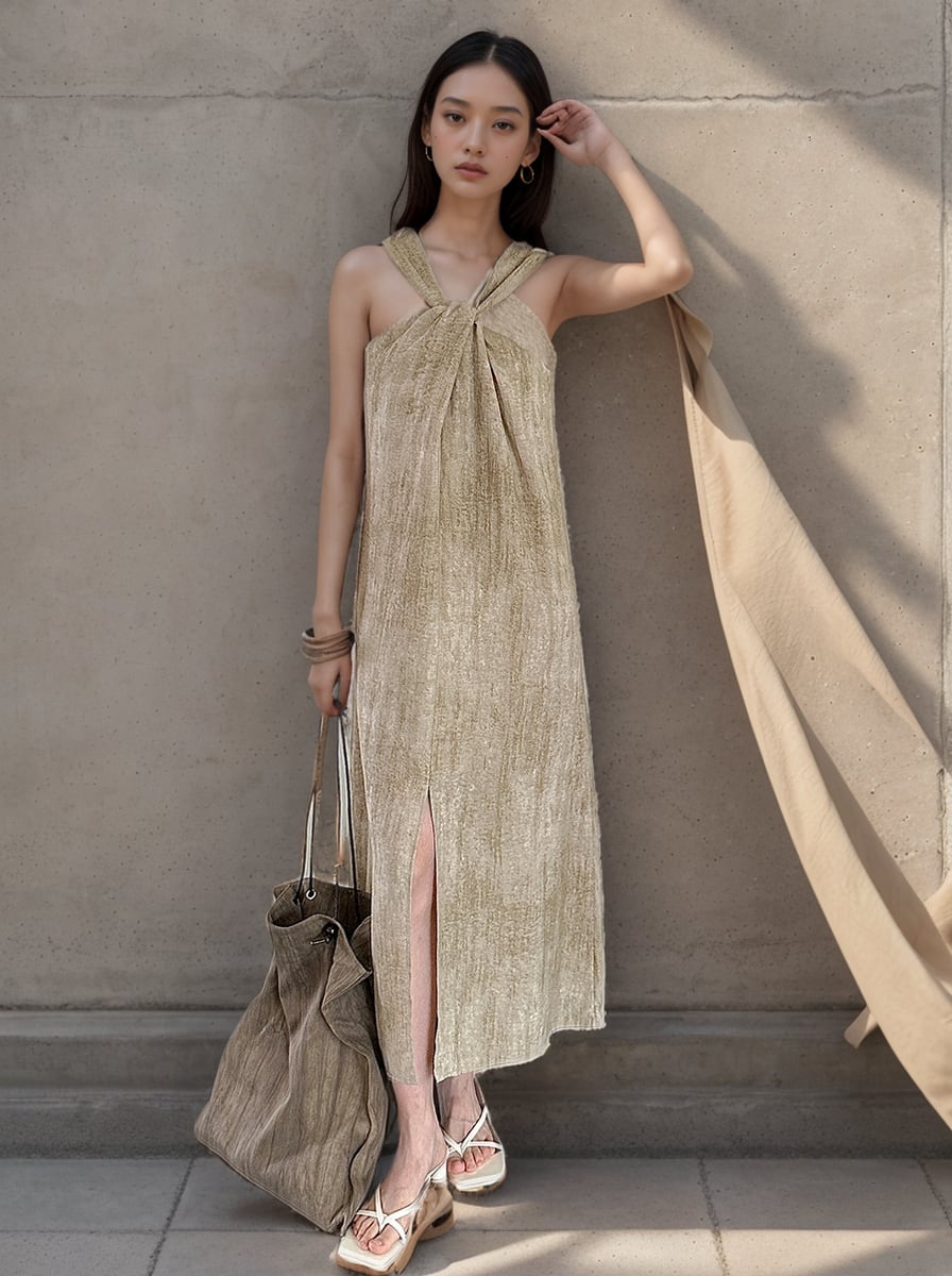 Linen One-piece/ワンピース ロング 袖なし スリット 麻 カジュアル アジアン 無地 旅行 ベージュ