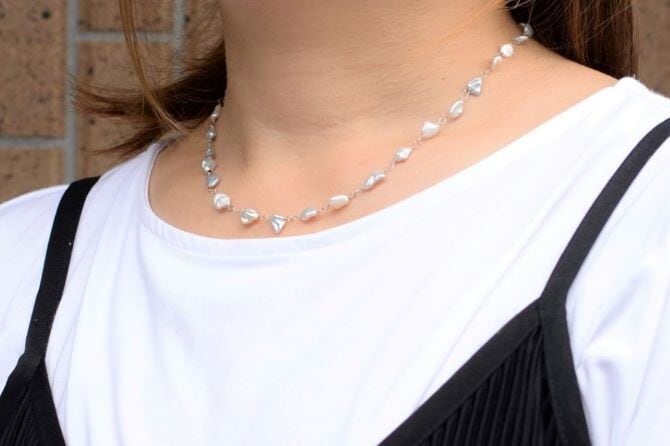 若狭パール　MAMIYA バロックパール　本真珠　ネックレス 大珠バロックパールネックレス8-9㎜ブルー系【ゆったりサイズ
