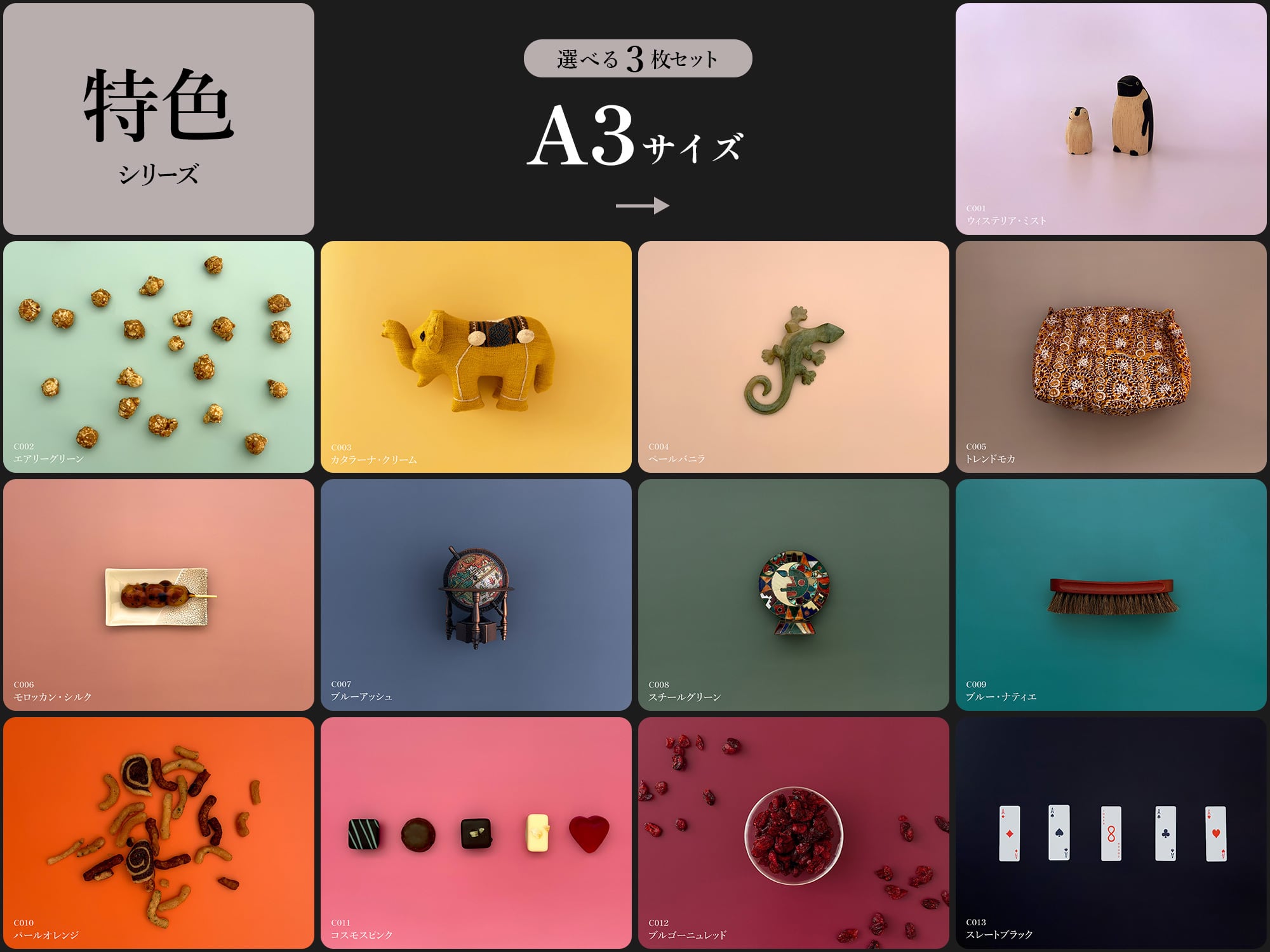 A3サイズから好きなカラーを選ぶ5枚セットです。