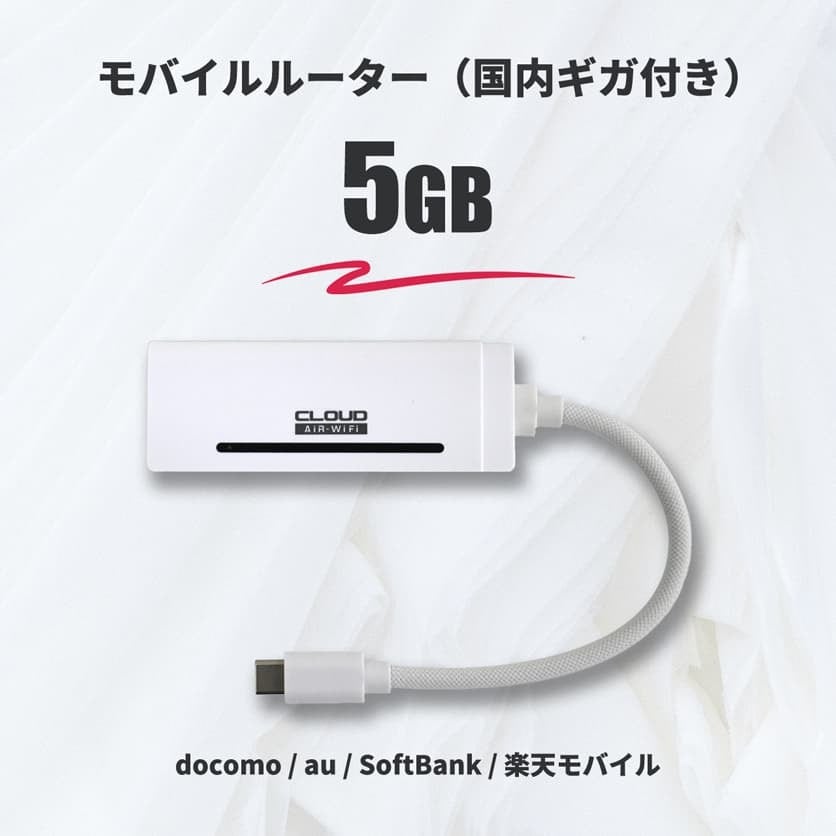 国内ギガ（5GB）+ モバイルルーター（HUNDRED Wi-Fi チャージ Type 本体）USB / 車載 / バッテリーレス / お買い得品