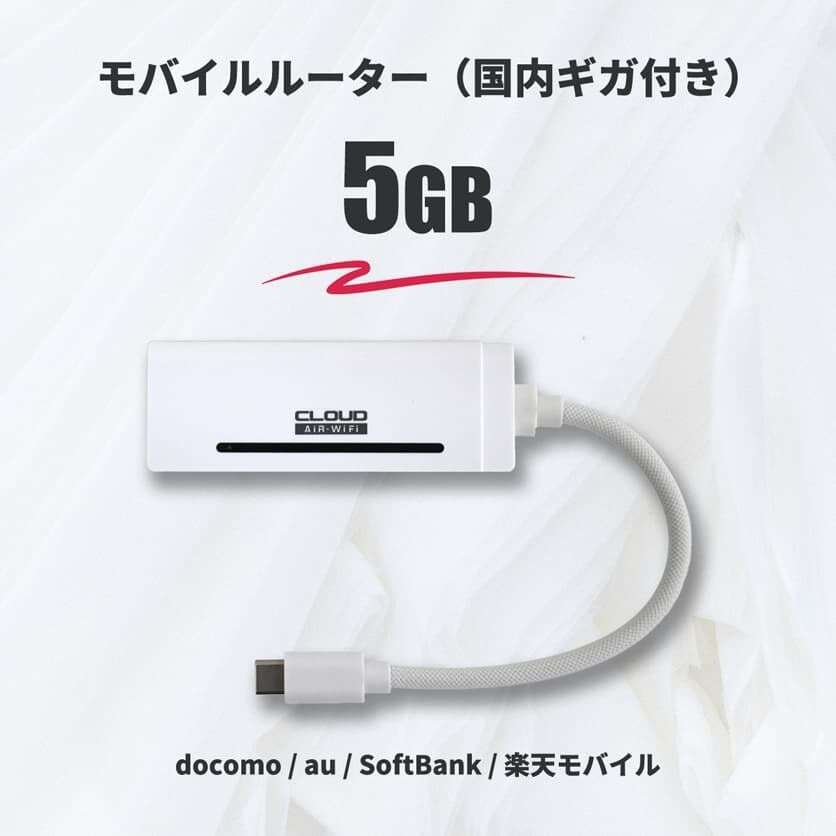 国内ギガ（5GB）+ モバイルルーター（HUNDRED Wi-Fi チャージ Type 本体）USB / 車載 / バッテリーレス / お買い得品
