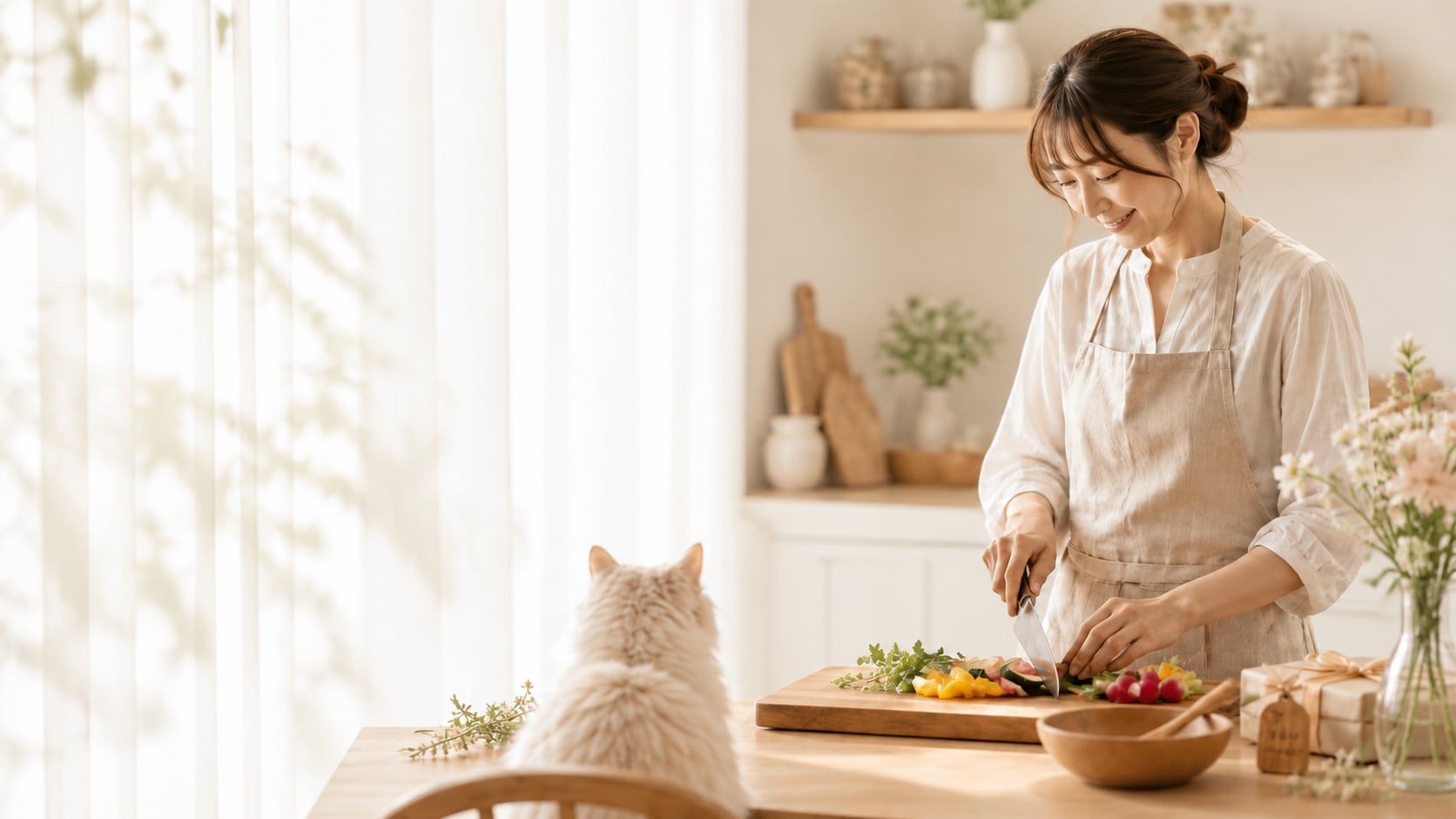 朝の光が入るキッチンで料理をする女性と見守る猫