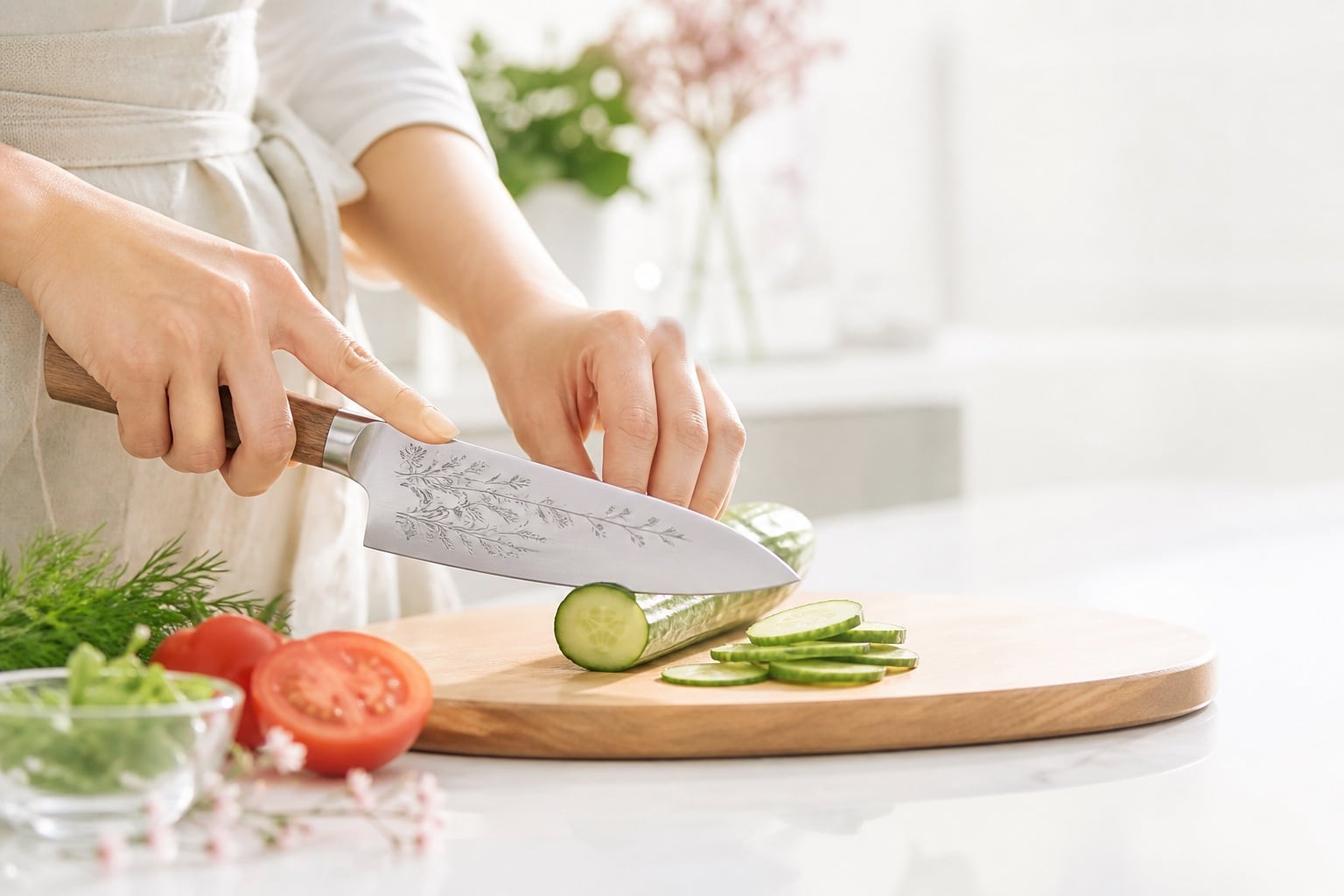 花模様の包丁で野菜を切る手元