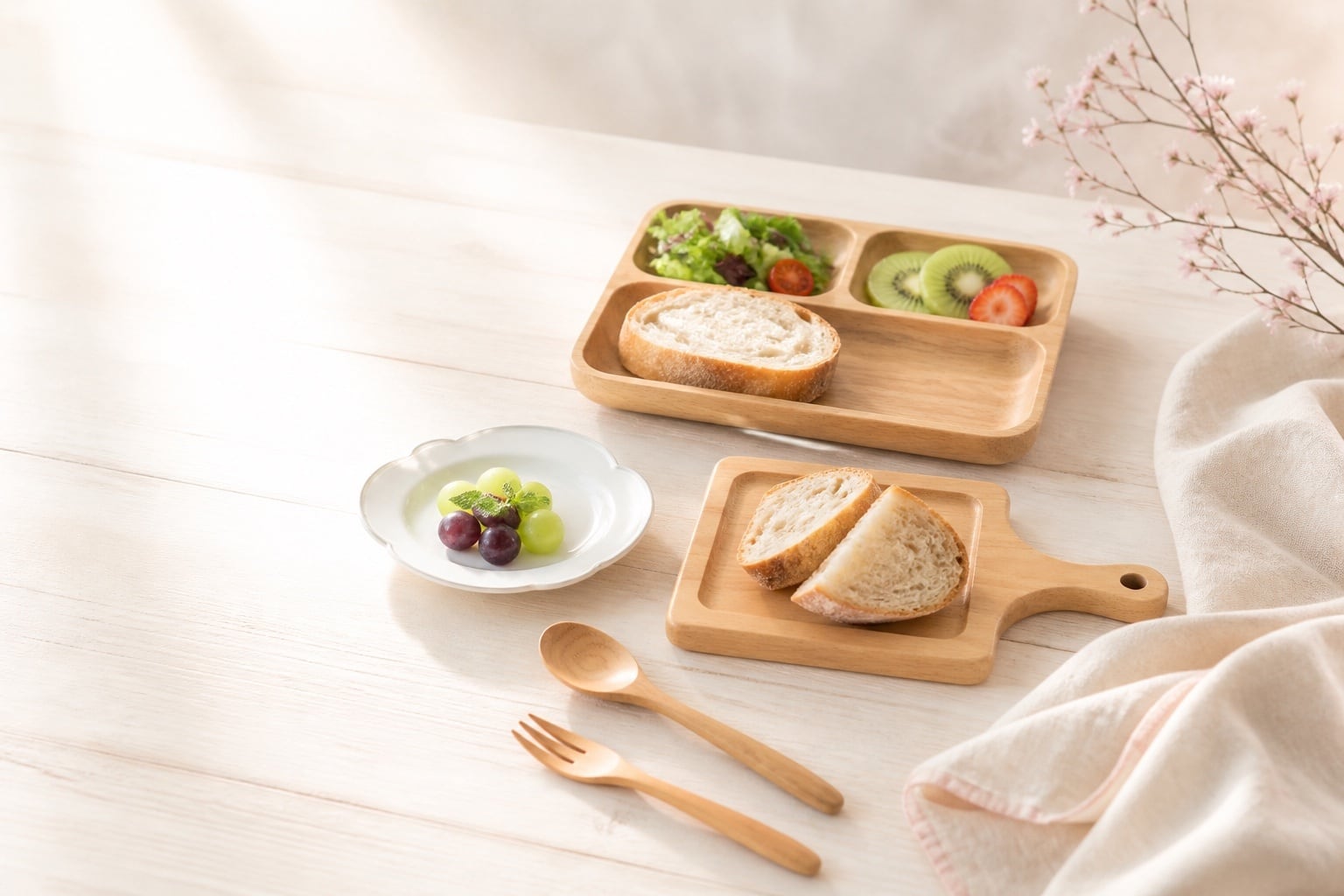 仕切りプレート、小皿、カットボード、木製カトラリーのある朝の食卓