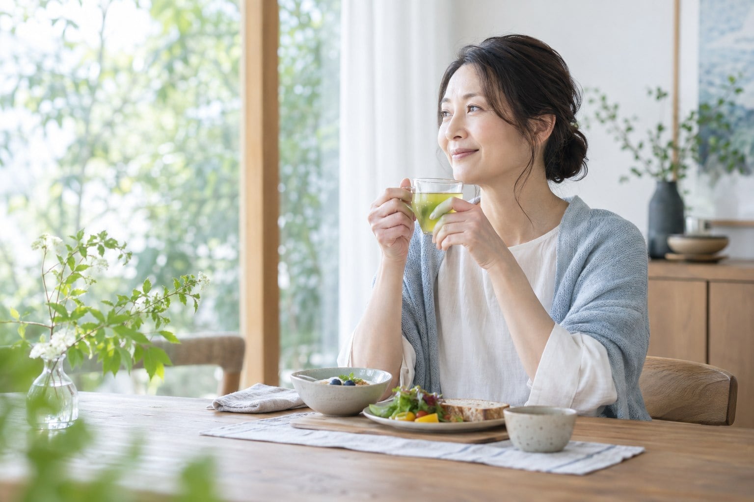 窓辺で飲み物を楽しむ女性