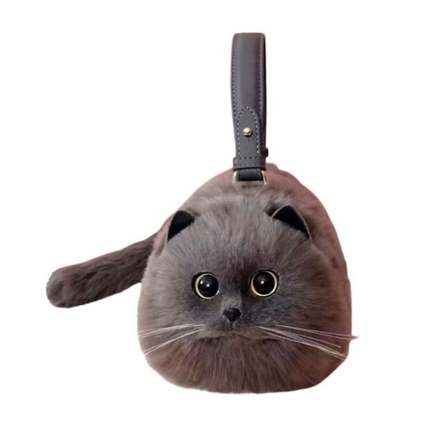 グレー猫 フェイクファーバッグ