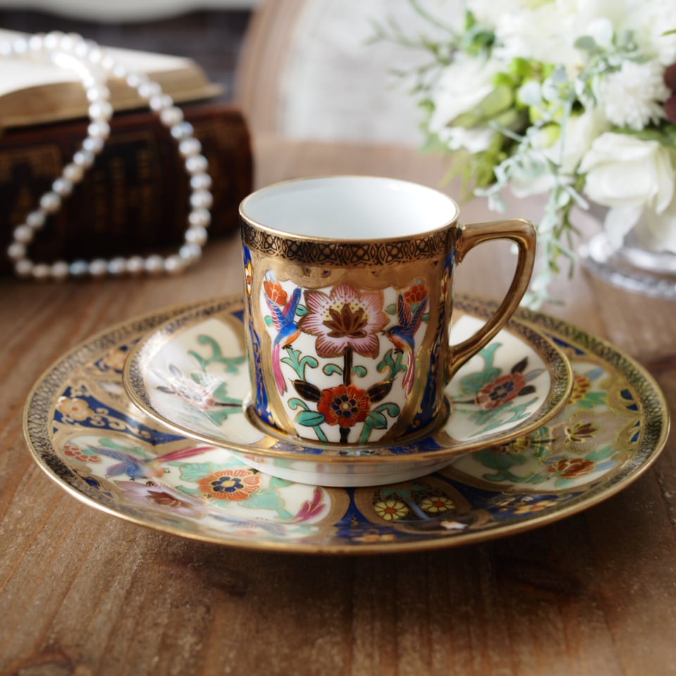 Old Noritake<BR>豪華金彩 花鳥文 デミタストリオ