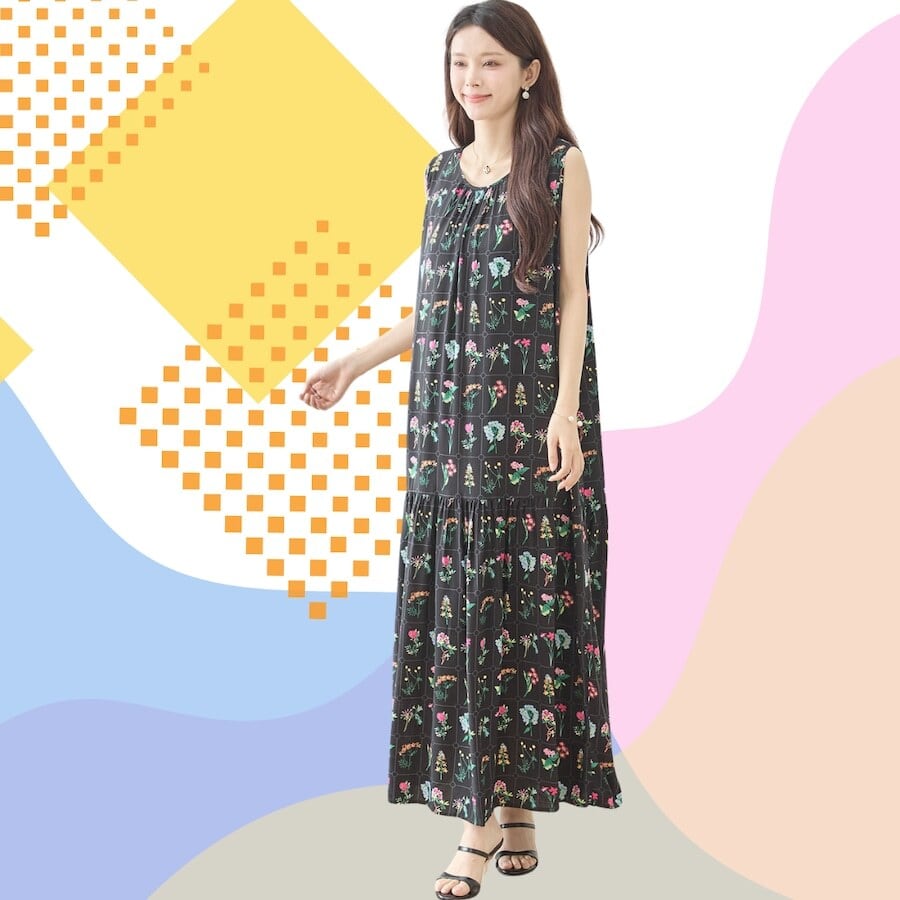 TRUBE 植物標本柄ノースリーブドロップウエストマキシワンピース