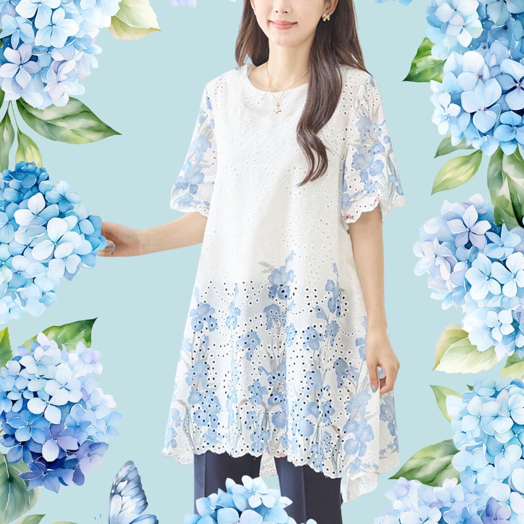 水彩フラワープリントカットワークスカラップ半袖トップス
