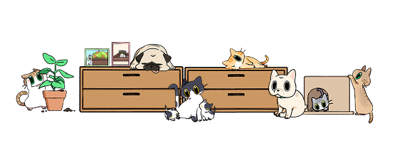 家具のまわりに集まる犬と猫