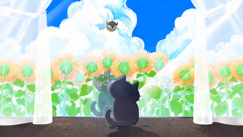 ひまわり畑を眺める猫のキービジュアル