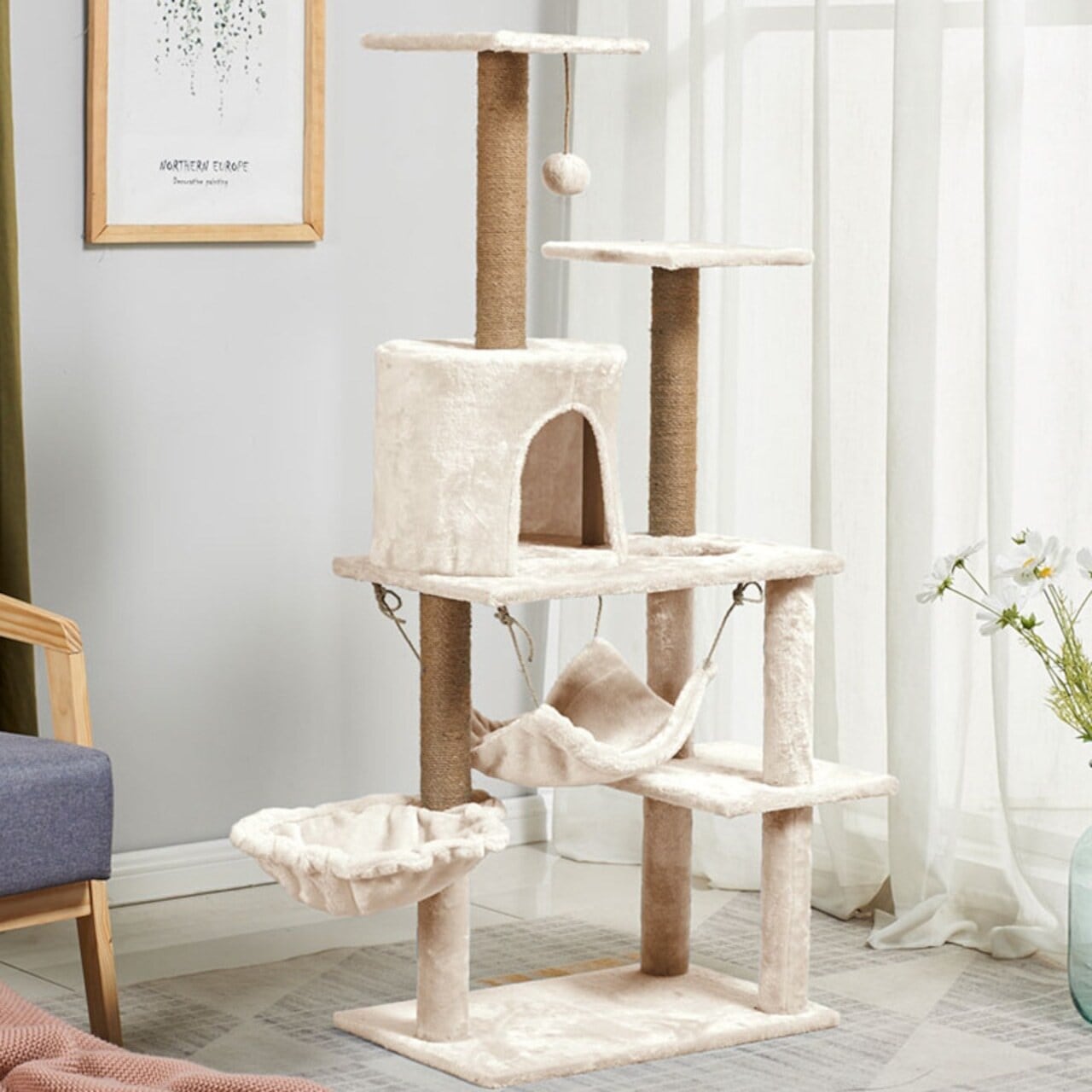 キャットタワー・木の４階建てハンモック付きタワー 