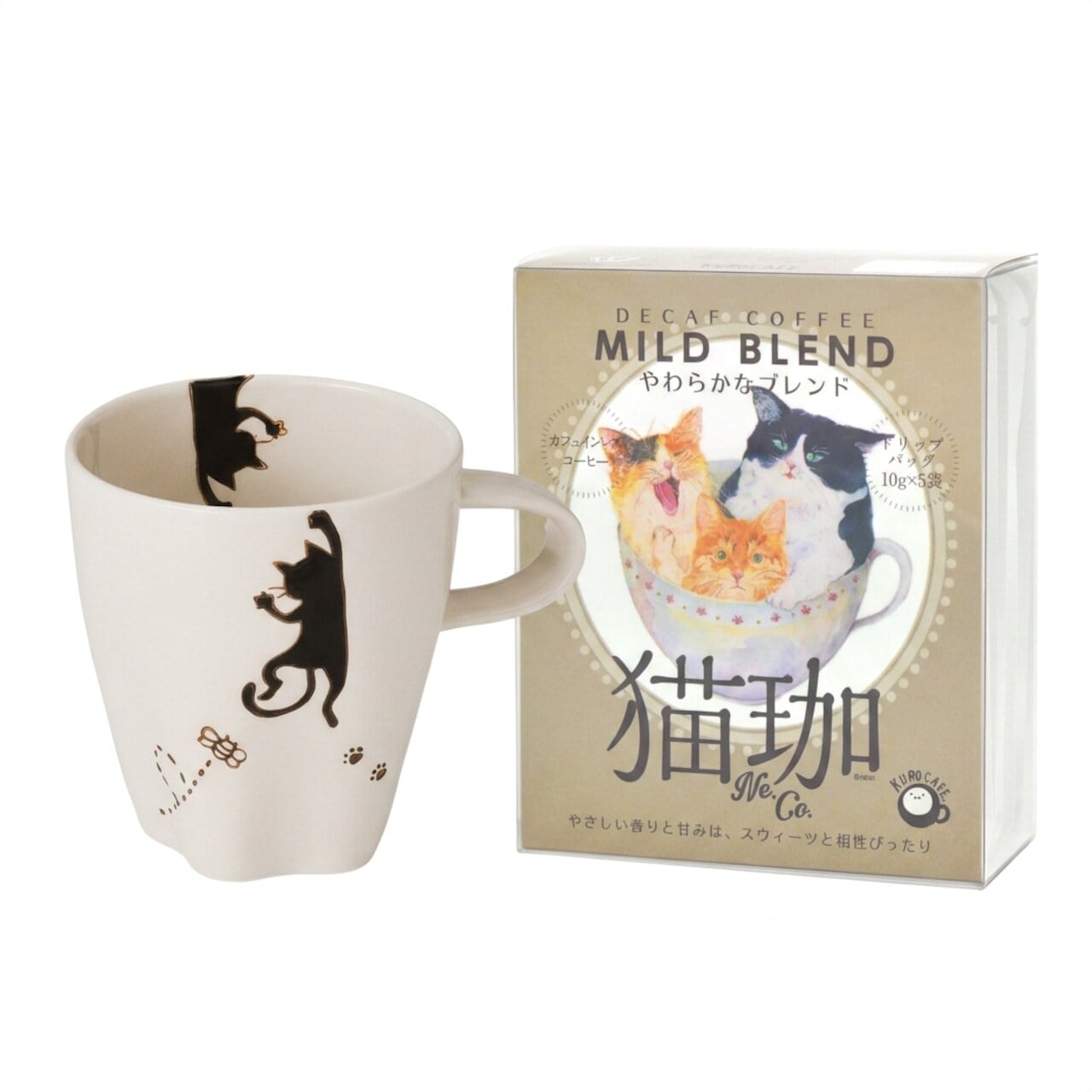 カフェインレス【猫の朝カフェ 軽量マグ】コーヒー マイルドブレンド ドリップ5P 波佐見焼 クロネコのマグカップ