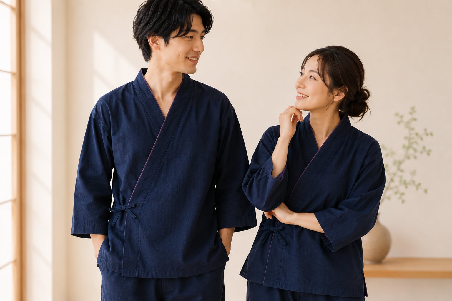 旅館のような心地よさを自宅で楽しめる作務衣。
さらりと快適な着心地で、くつろぎ時間をやさしく上質に彩ります。
