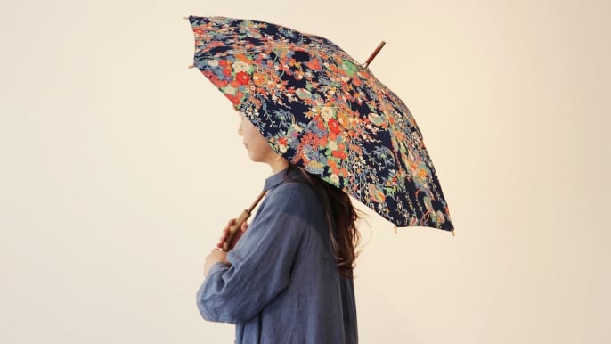 着物リメイク＊手作りおしゃれ日傘とお揃い巾着トート＊木綿 絞り花柄 fc49ccceb2afbaa3adffc2403a6a31