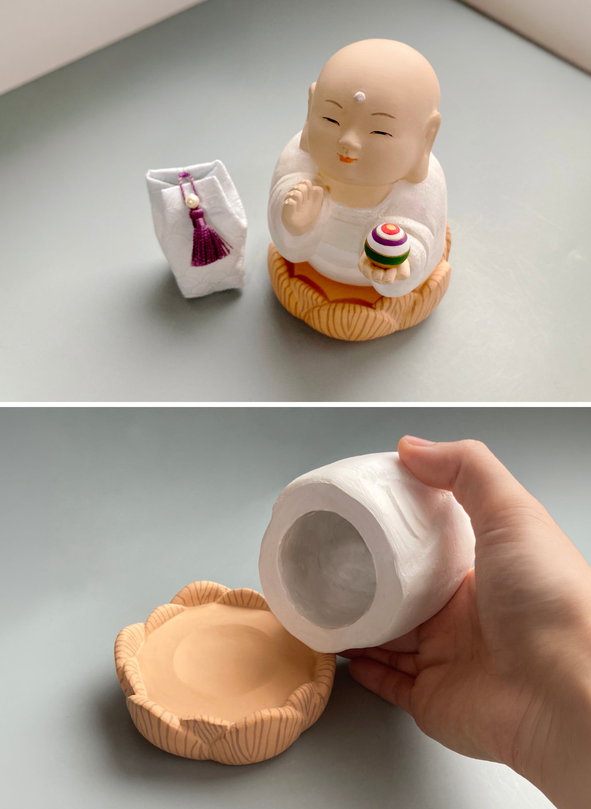 人形の中は空洞になっており、遺骨や思い出の品を納めることができます。ぴったり収まるサイズのミニ遺品袋を同封しています。
何も入れずに、置いて手を合わせるだけでも構いません。