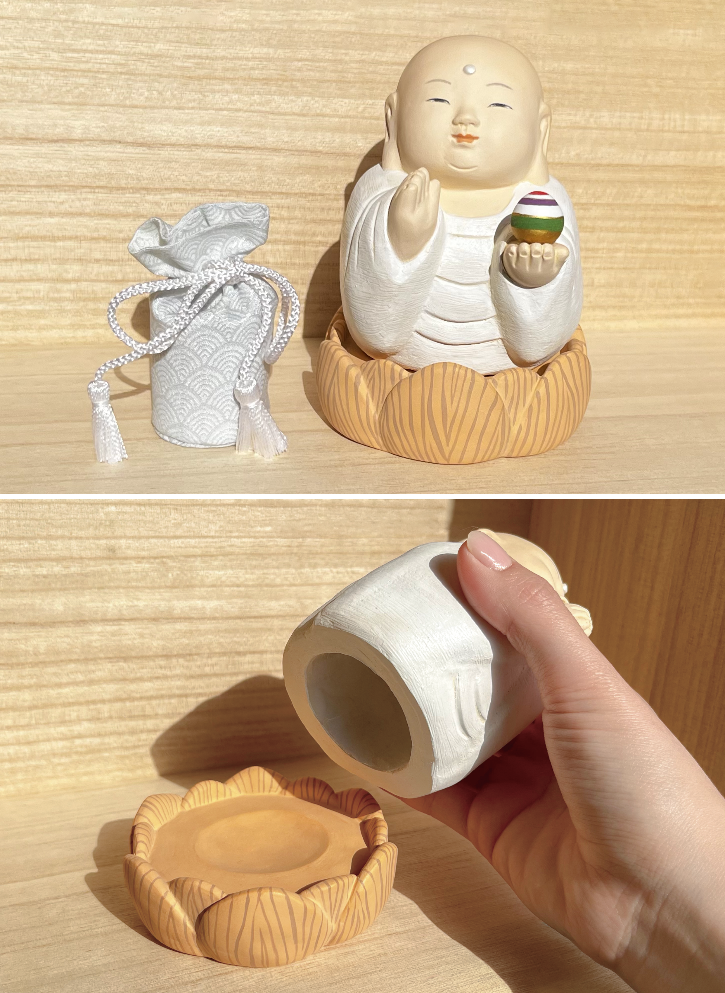 中が空洞になっているので、遺骨や思い出の品を入れることができます。
ピッタリ収まるサイズのミニ遺品袋をお付けしています。