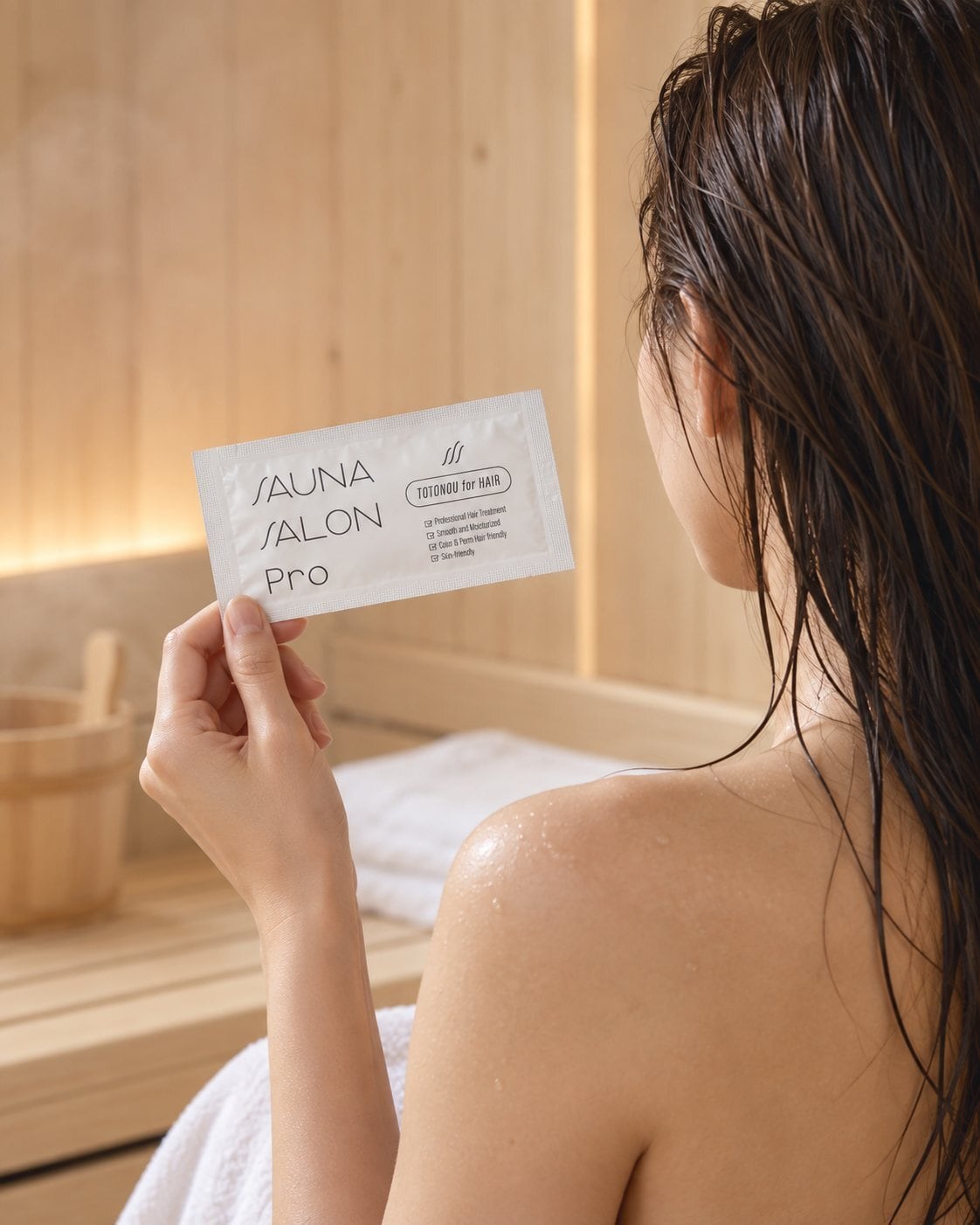 サウナ室で、濡れた髪の人がSAUNA SALON Proの個包装パウチを手に持っている