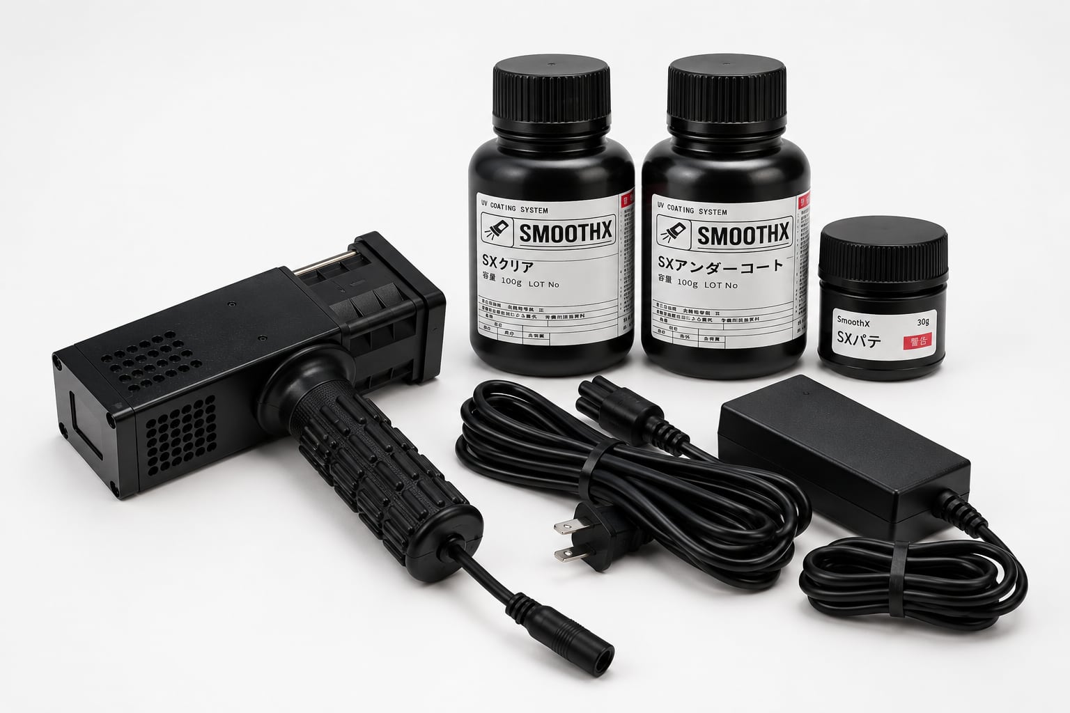 58WベーシックUV照射器に、SXアンダーコート、SXクリアまたはSXクリアFLEX 各100g、SXパテ30gを組み合わせたスタンダードセット。より本格的にSmoothXを使いたい方におすすめです。