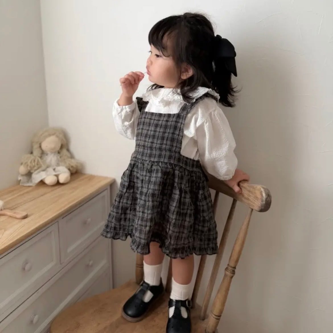 【即納】mimi market / Check frill suspenders ops