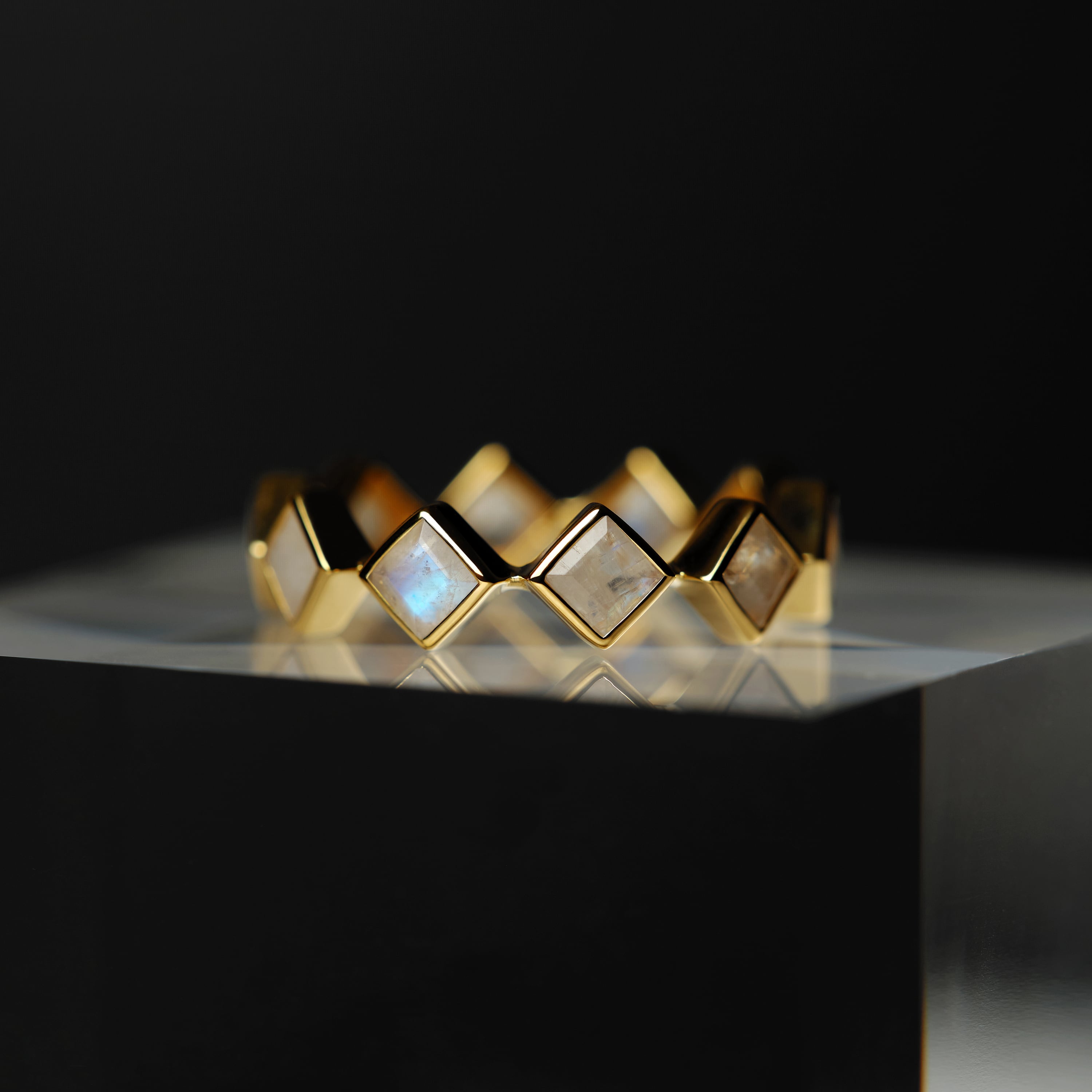 S925 RAINBOW MOON STONE SQUARE ETERNITY RING