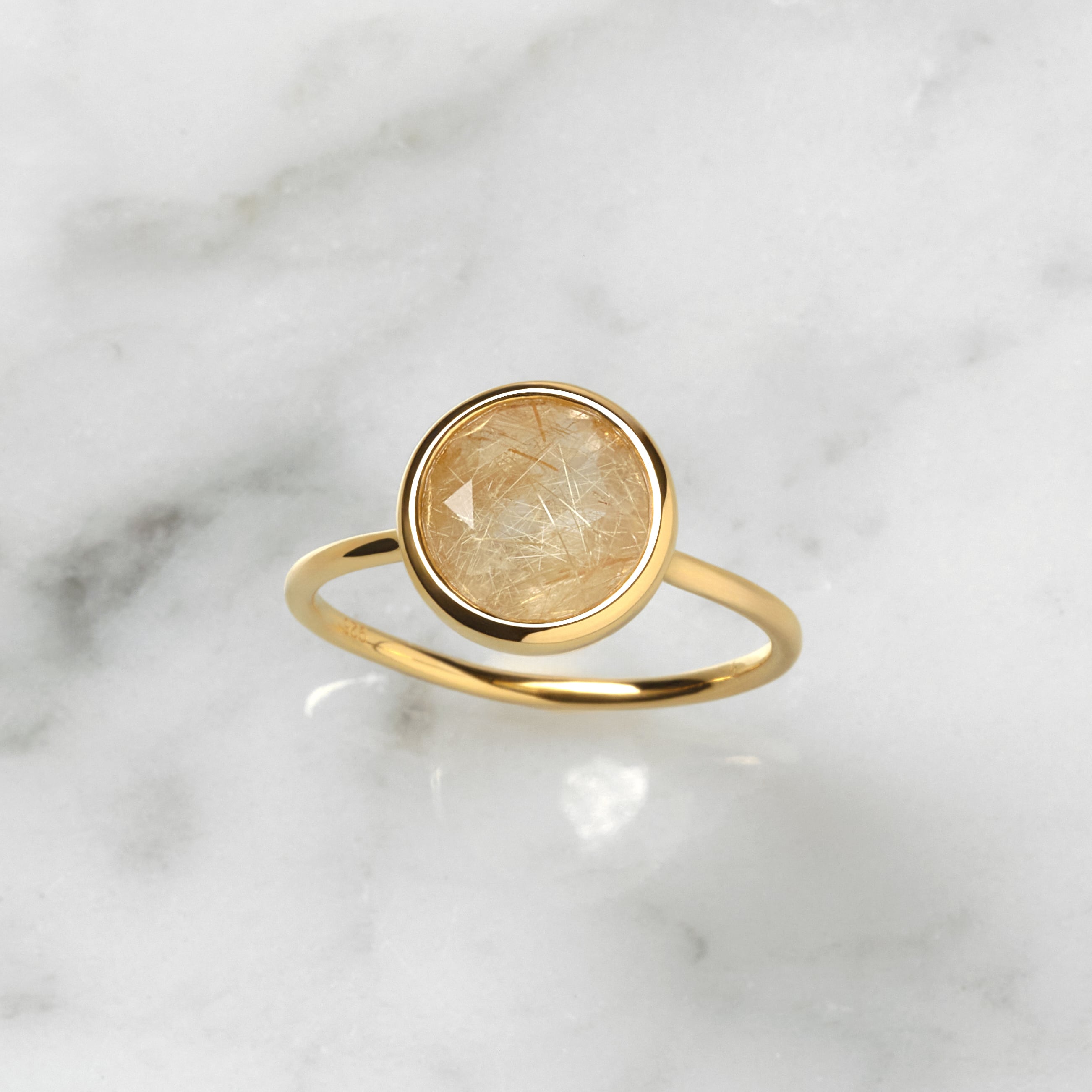 S925 ROUND STONE THIN RING -GOLD RUTILE QUARTZ-