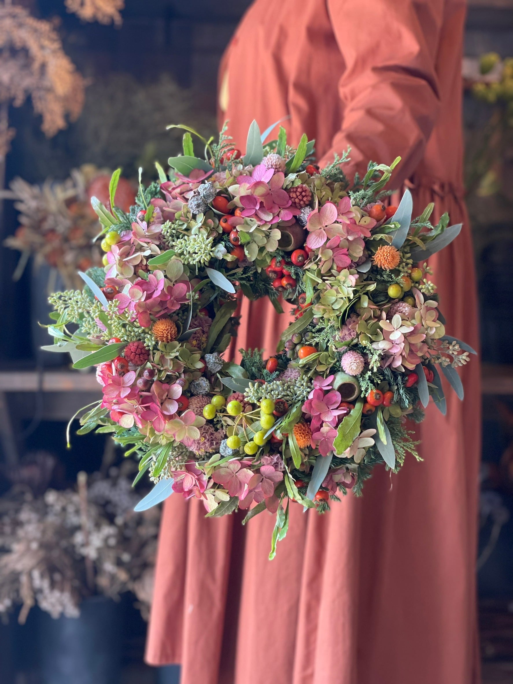 創作リースワイルドフラワー＆アカヅル＆キュウイツル