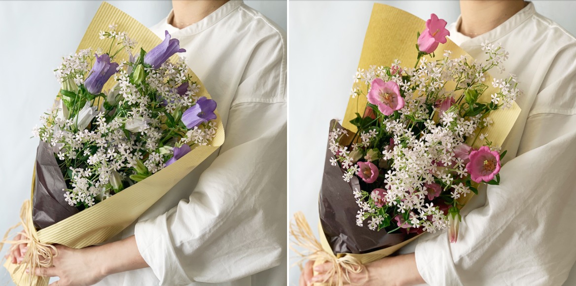 ブルーとピンク どちらがお好きですか 春のよいはな特製花束 カンパニュラ5本 サクラコマチ5本 よいはな Yoihana 最高品質のお花をお届けするネット通販
