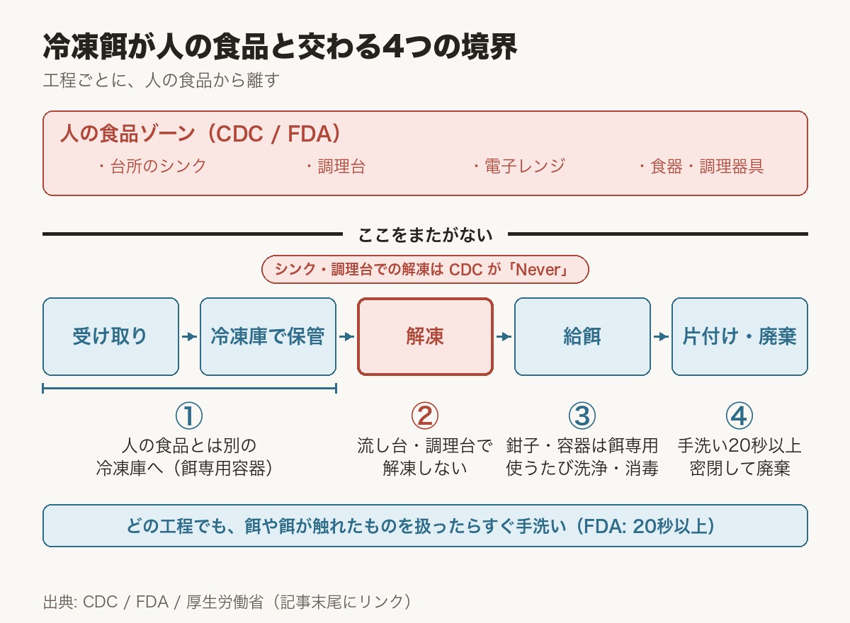 冷凍餌が人の食品と交わる4つの境界