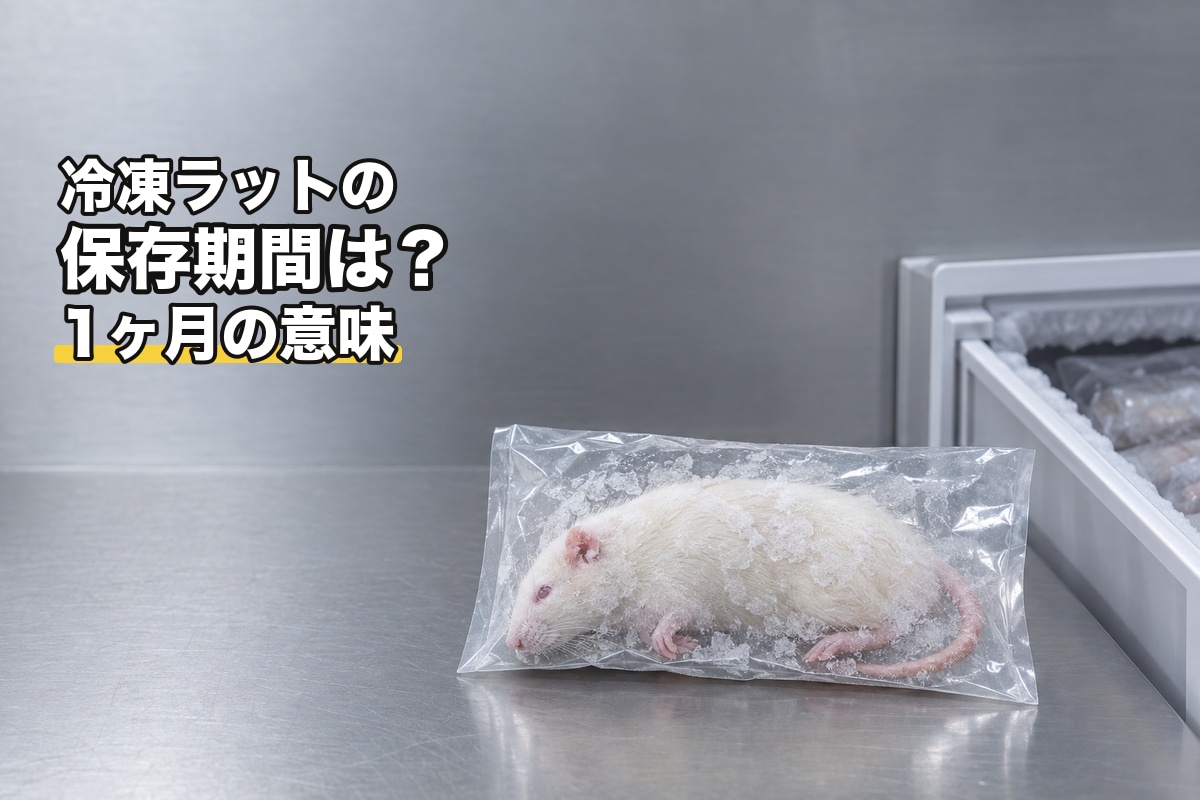 袋に入った冷凍ラットを冷凍庫の引き出しの脇に置いた図。袋に霜が付いている