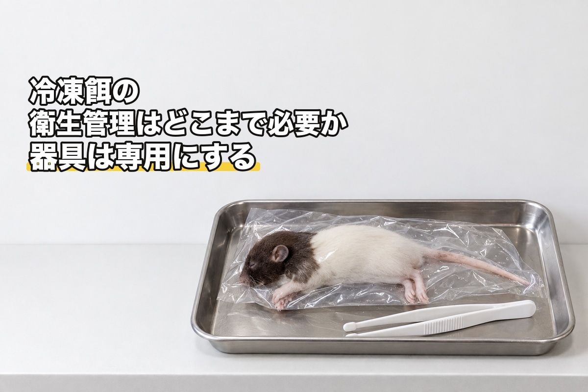 ステンレスのトレーに、密封袋に入った解凍済みの餌ラットと先の丸いプラ鉗子だけを載せた図。餌の器具を専用にすることを示している